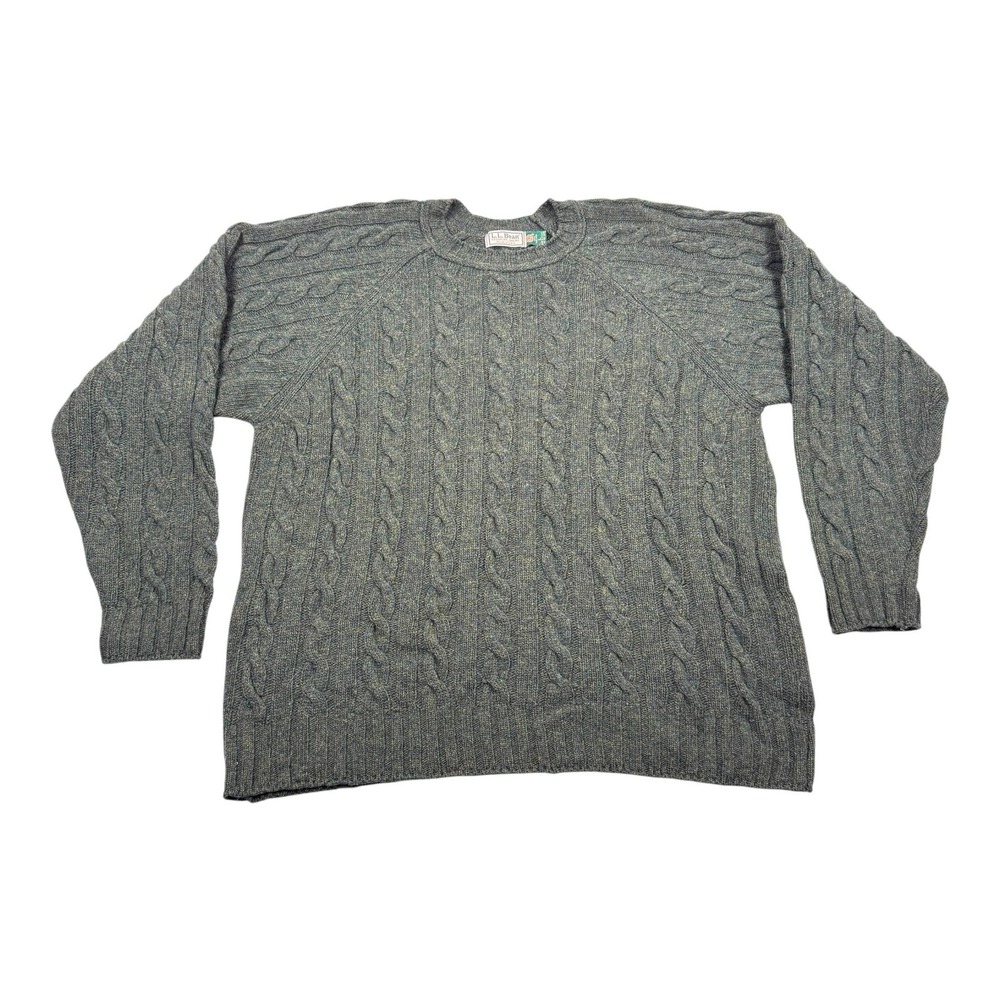 Vtg L.L. Bean Sweater Mens Large Green Wool Cable Knit Pullover Crew Neck USA